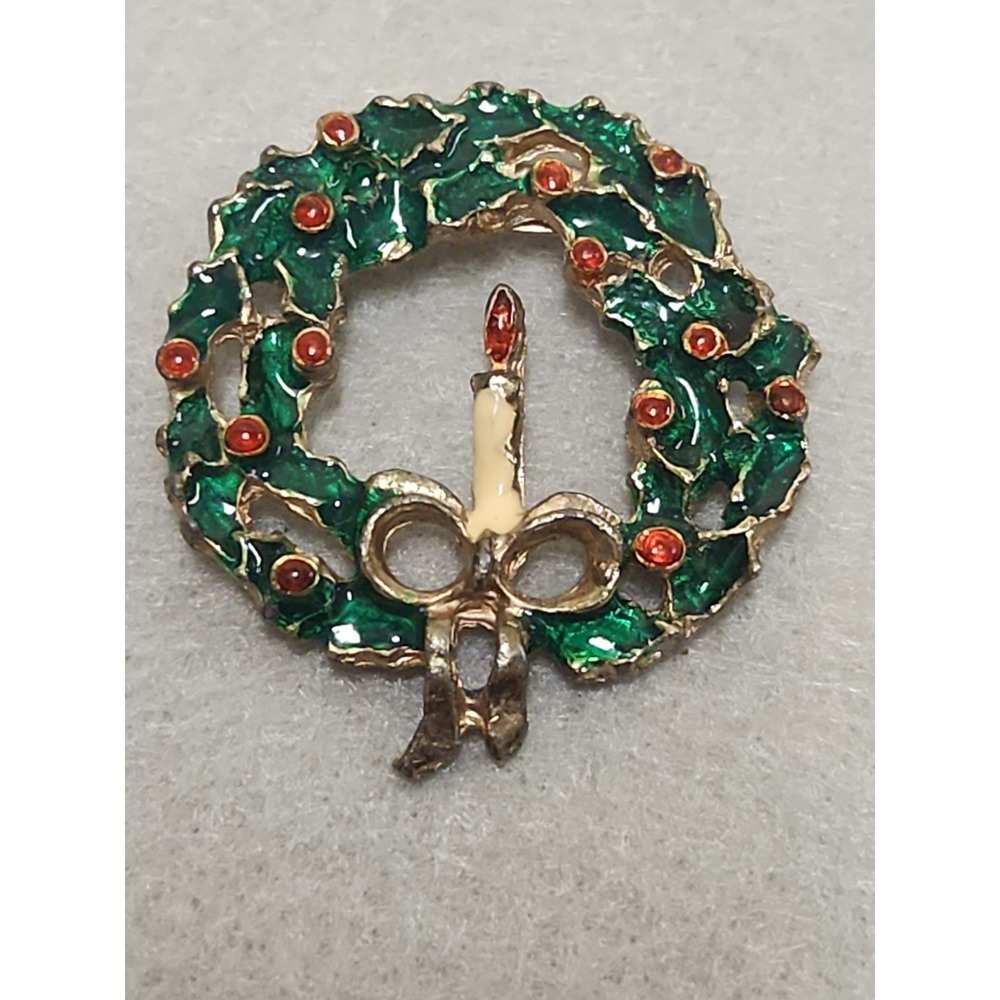 Vintage Christmas Wreath Brooch Candle Bow Holly Red Green White Enamel